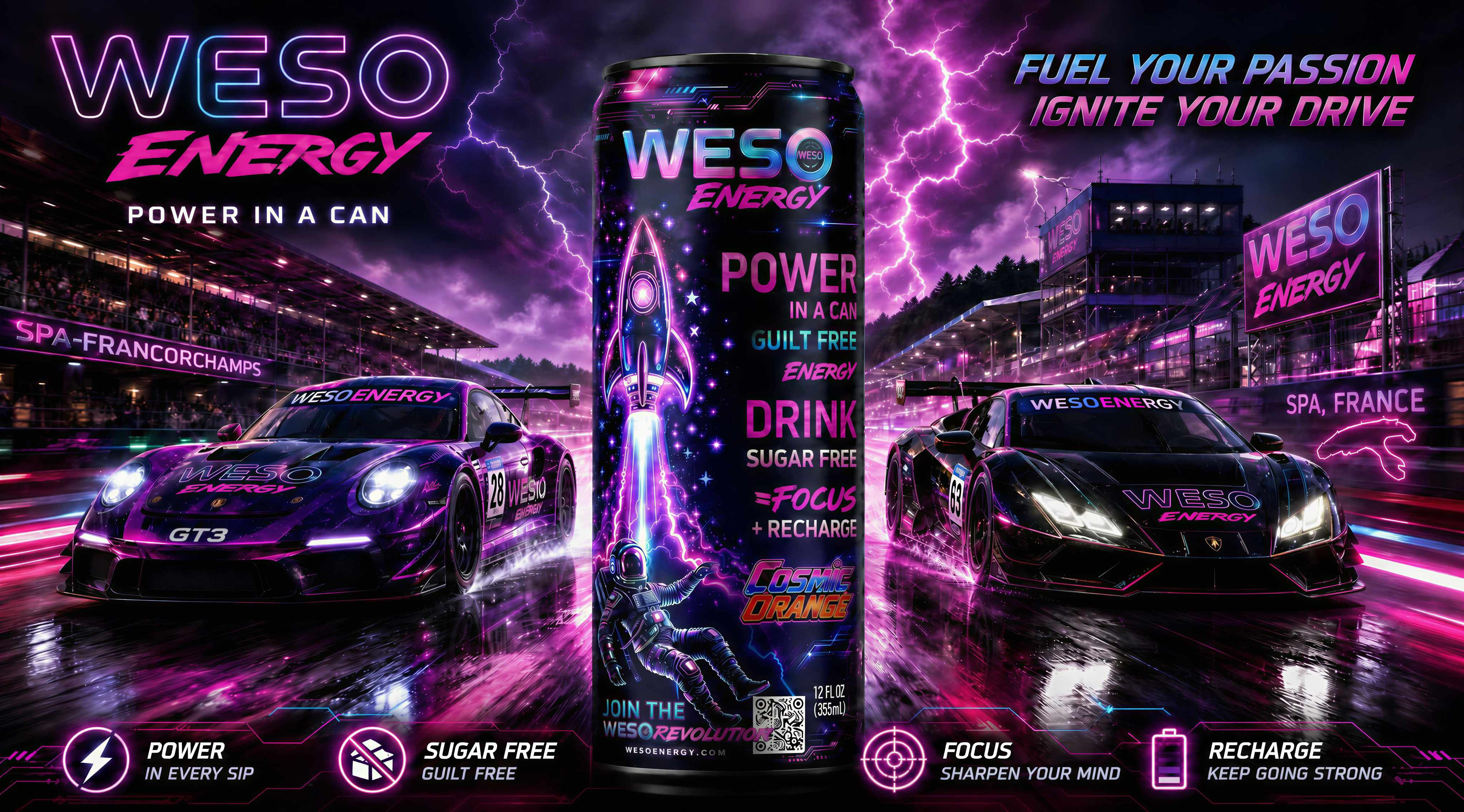 WESO Energy — Porsche GT3 and Lamborghini GT race cars flanking a giant WESO can at Spa-Francorchamps, 'Fuel Your Passion - Ignite Your Drive'