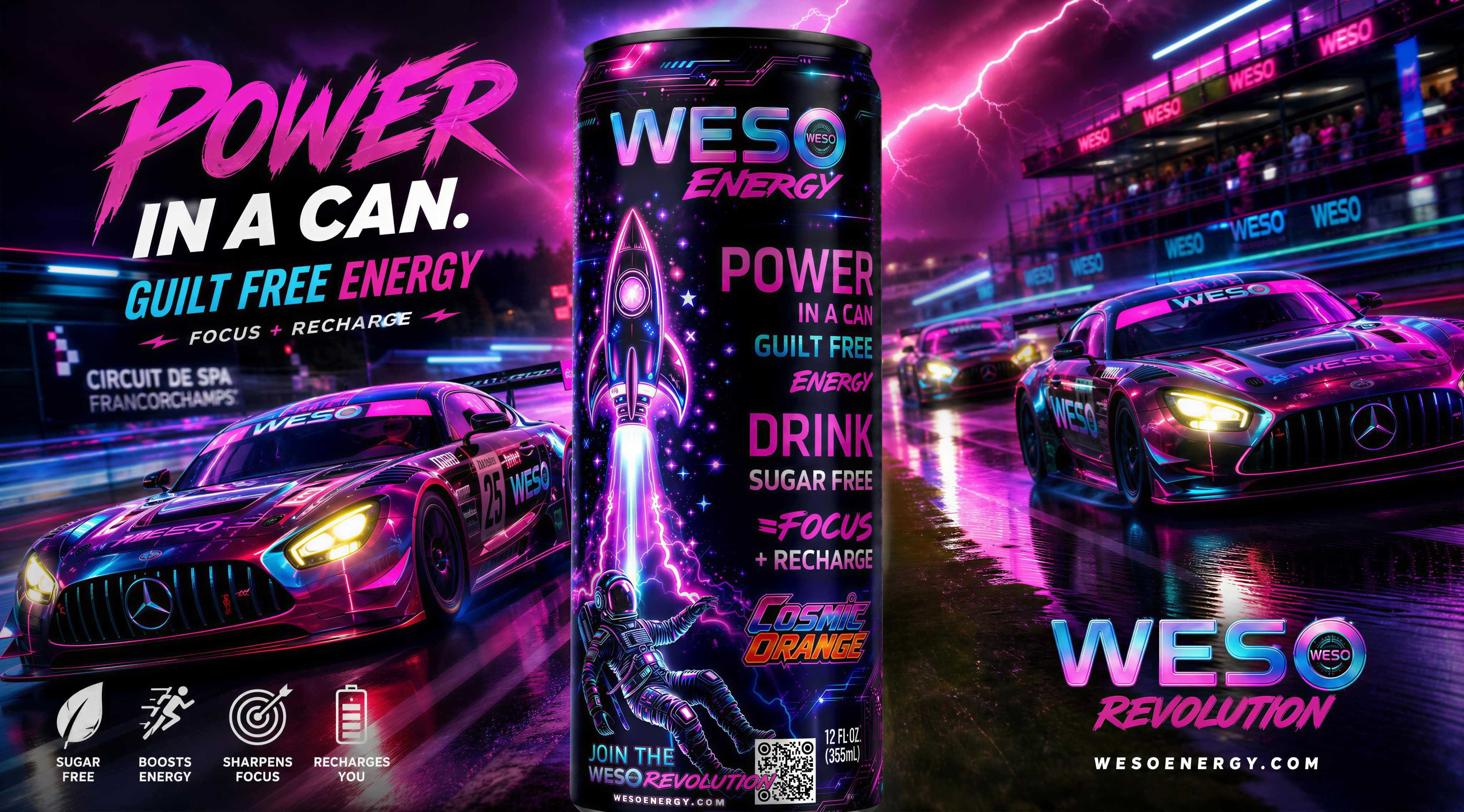 WESO Energy — Mercedes GT race cars at Circuit de Spa with a giant WESO can, 'Power In A Can - Guilt Free Energy'