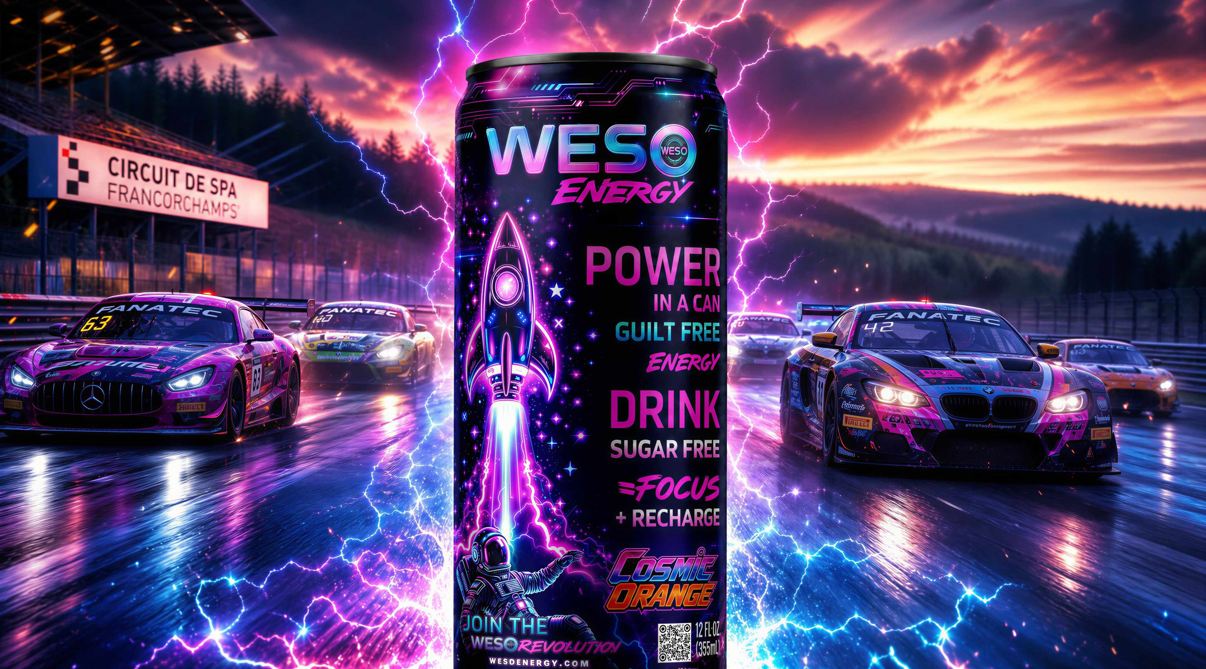 WESO Energy — GT race cars at Circuit de Spa-Francorchamps with a giant WESO can and neon lightning