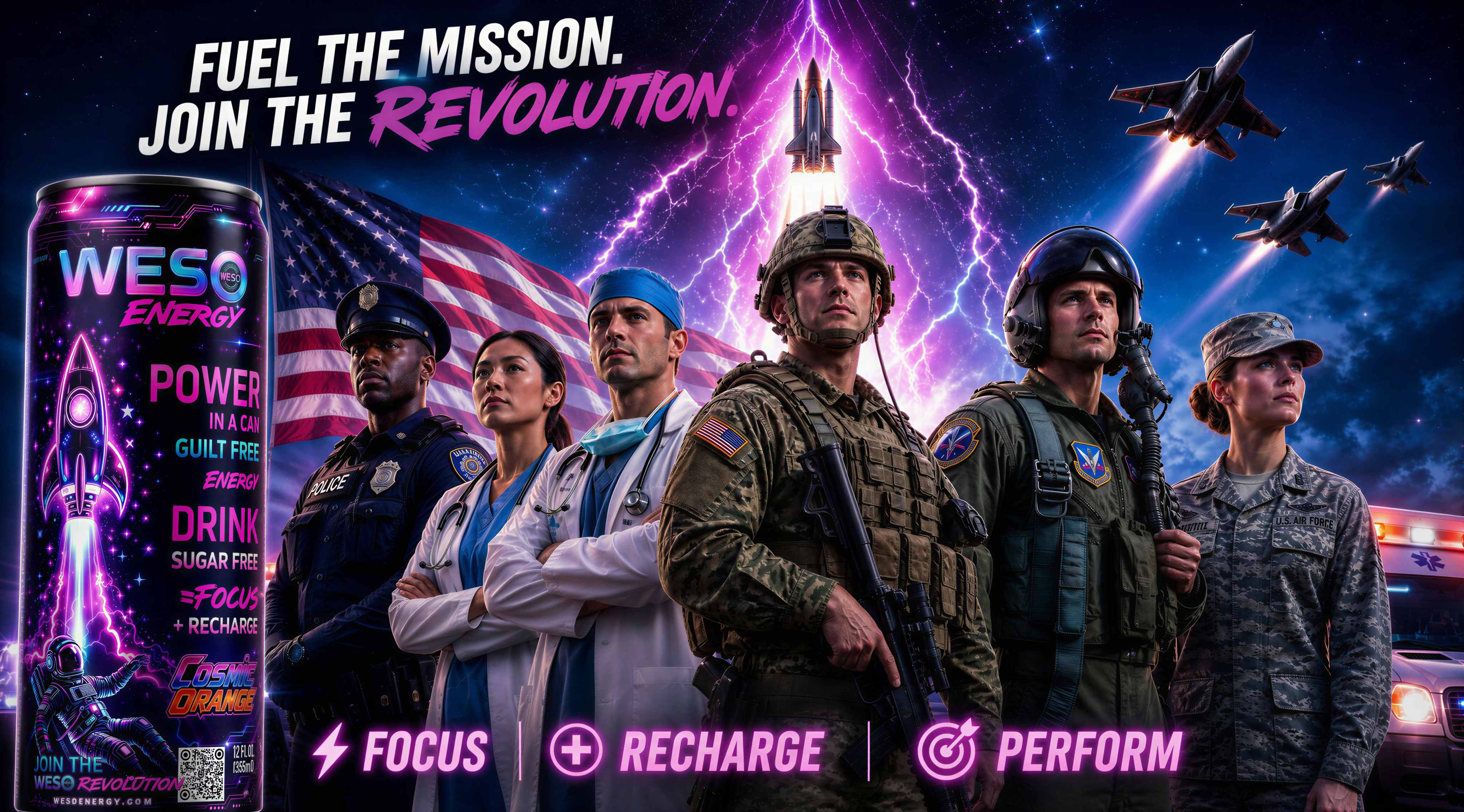 WESO Energy — 'Fuel the Mission, Join the Revolution' with a WESO can beside frontline heroes: police officer, nurse, doctor, soldier, fighter pilot, and Air Force servicewoman