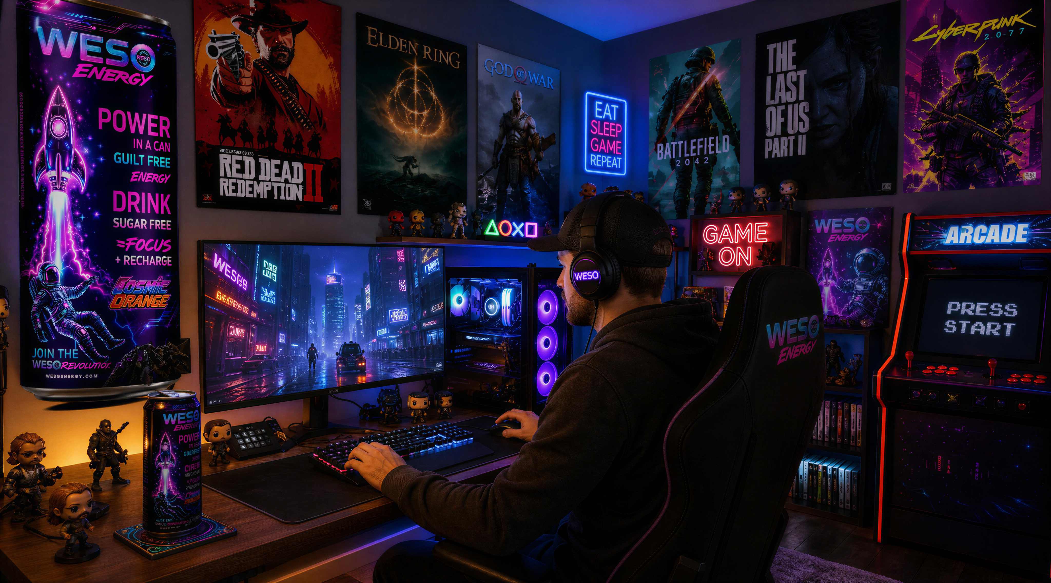 WESO Energy — gamer in WESO headphones and WESO Energy gaming chair at a neon-lit battlestation with WESO cans, game posters, and an arcade cabinet