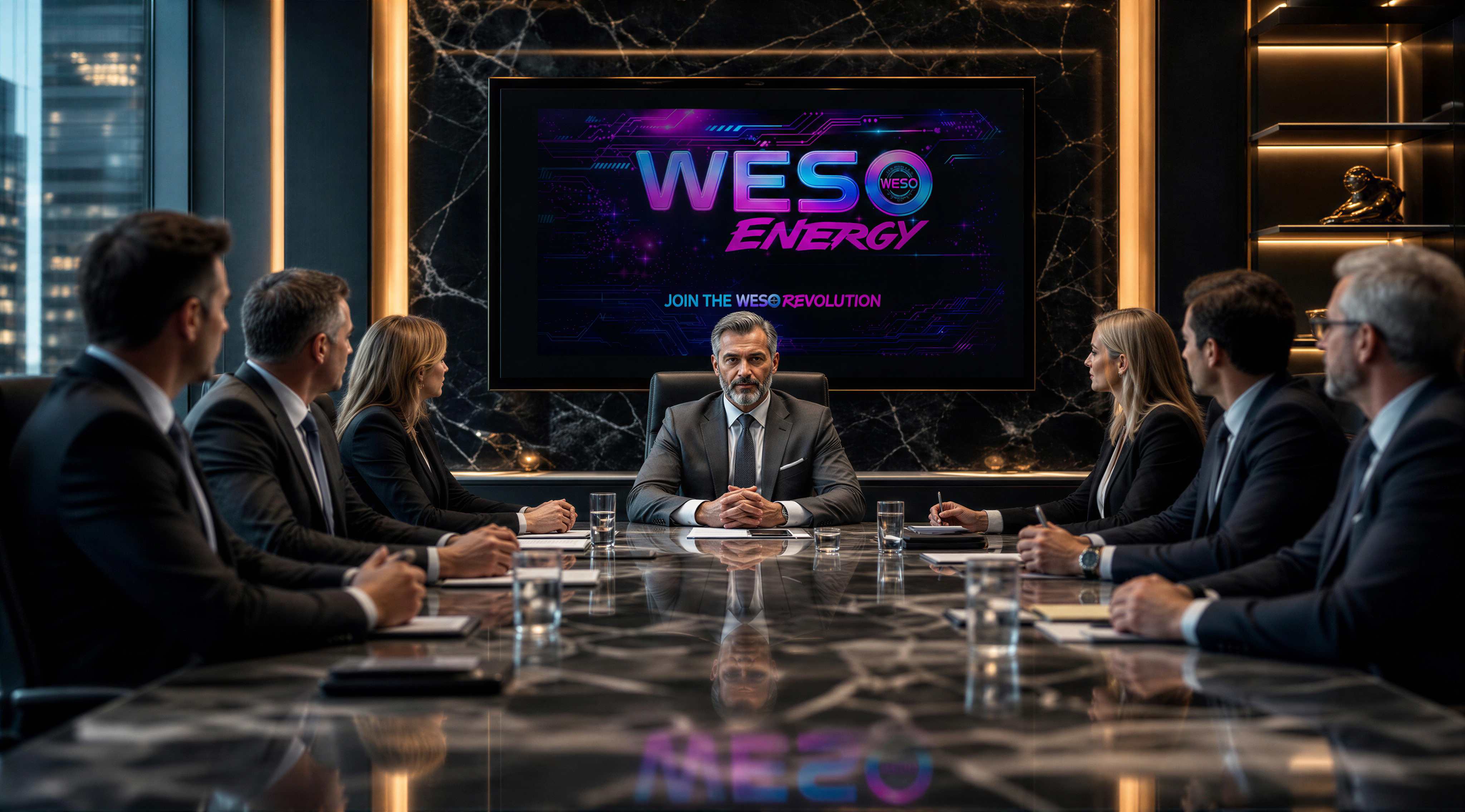 WESO Energy — executive at the head of a marble boardroom table with business professionals and a WESO Energy logo screen, 'Join the WESO Revolution'