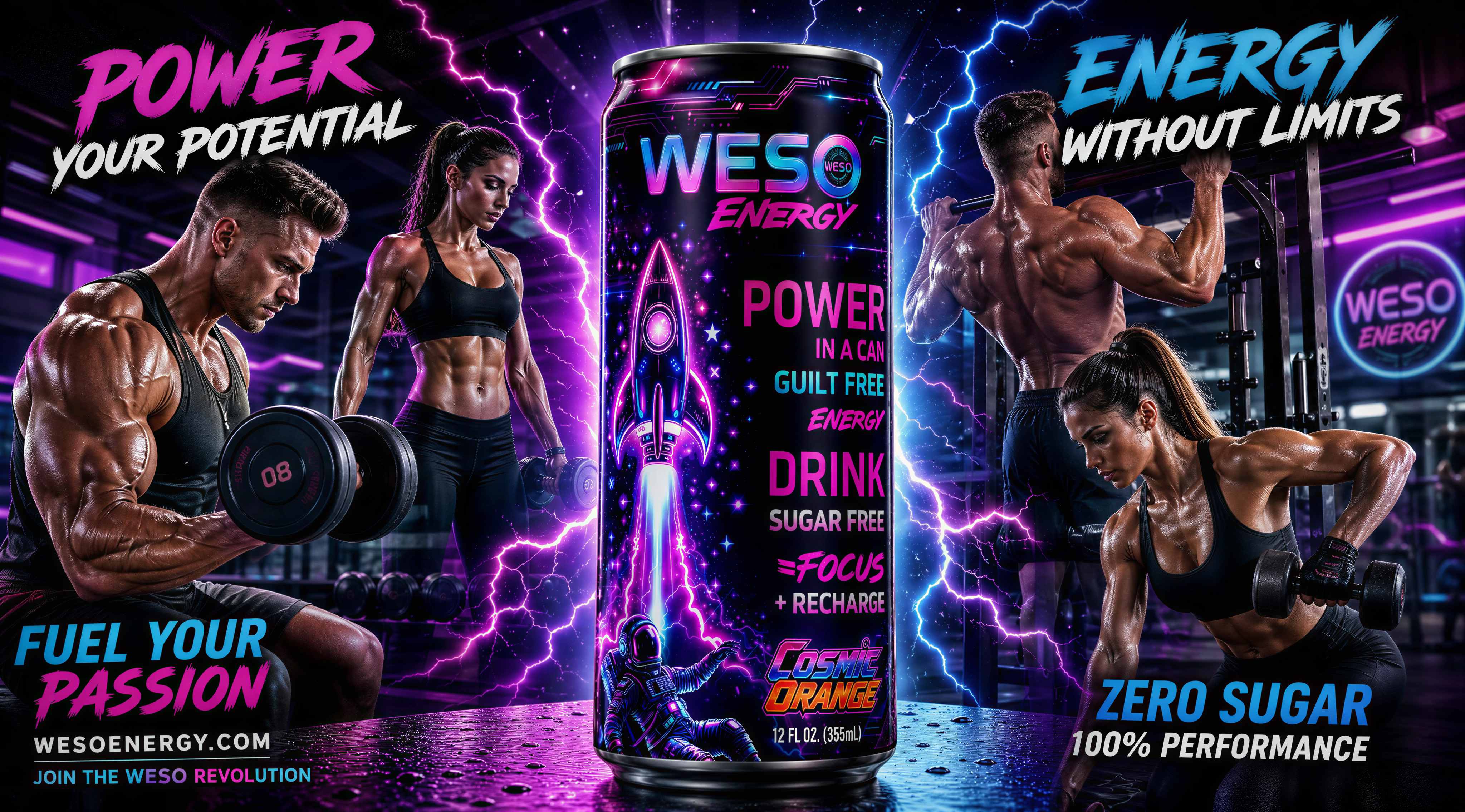 WESO Energy — male and female athletes training with dumbbells around a giant WESO can, 'Power Your Potential'