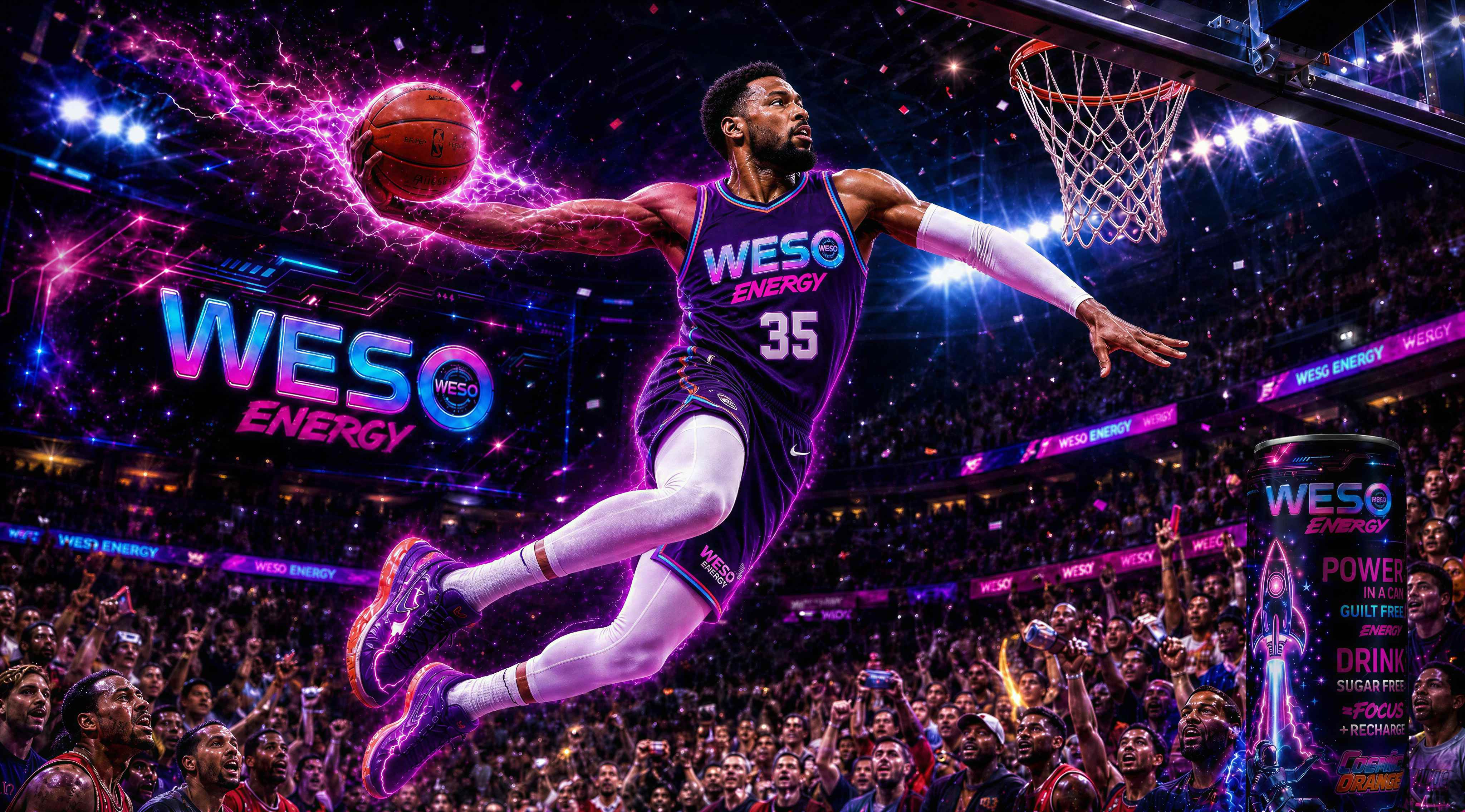 WESO Energy — basketball player number 35 soaring mid-air for a slam dunk with neon lightning trailing the ball
