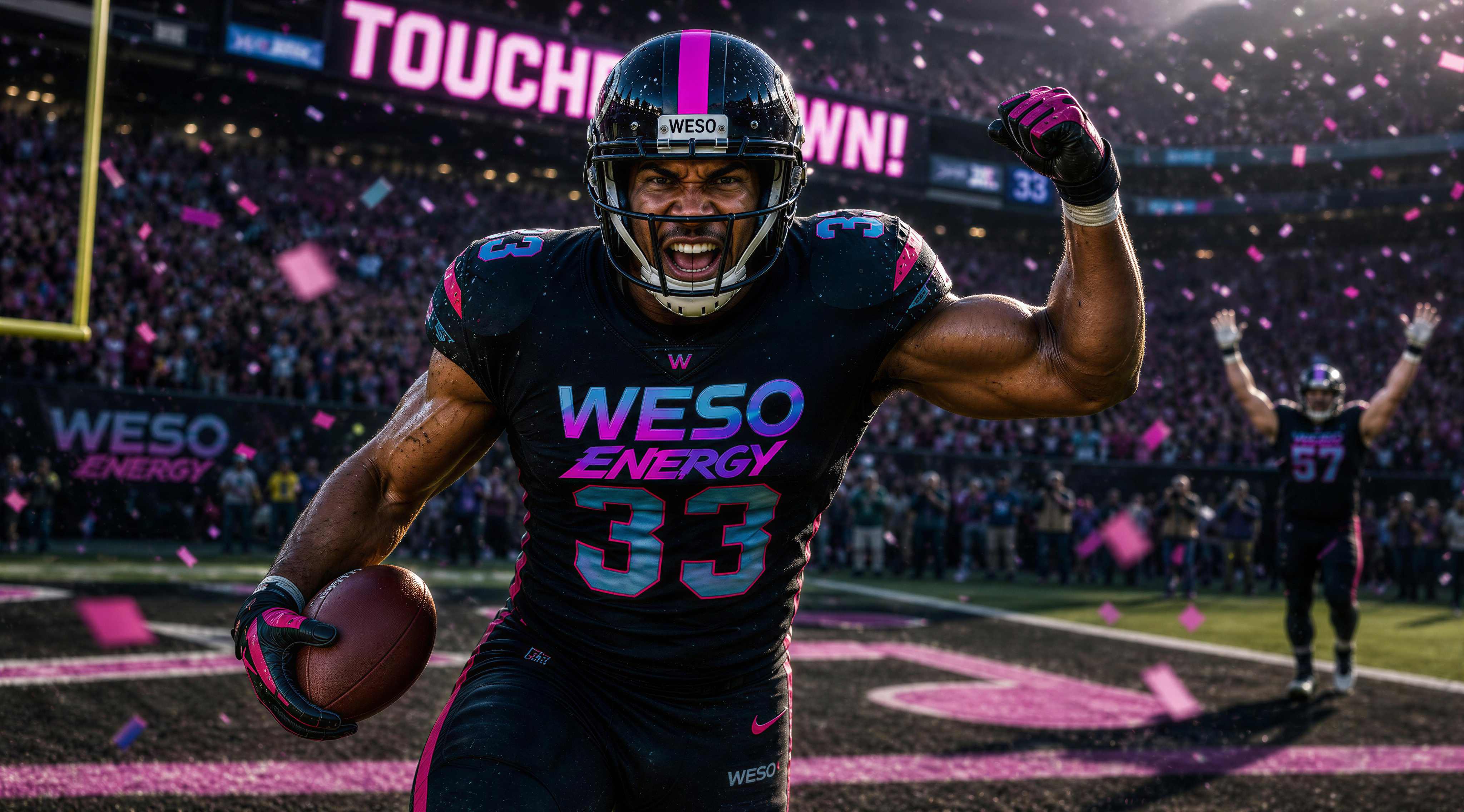 WESO Energy — football player number 33 celebrating a touchdown, flexing with the ball amid pink confetti