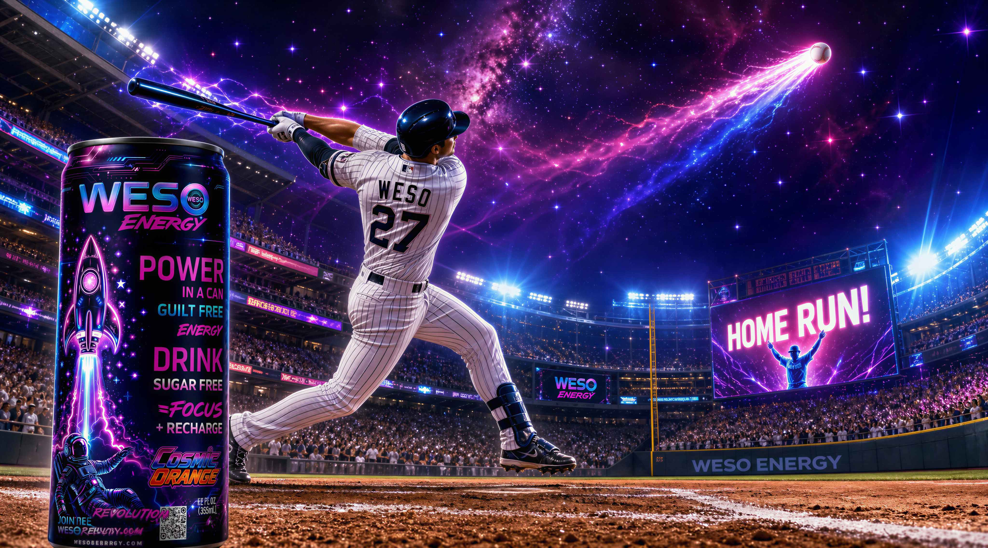 WESO Energy — WESO 27 baseball player swinging for a home run with a neon-trailed ball and giant WESO can