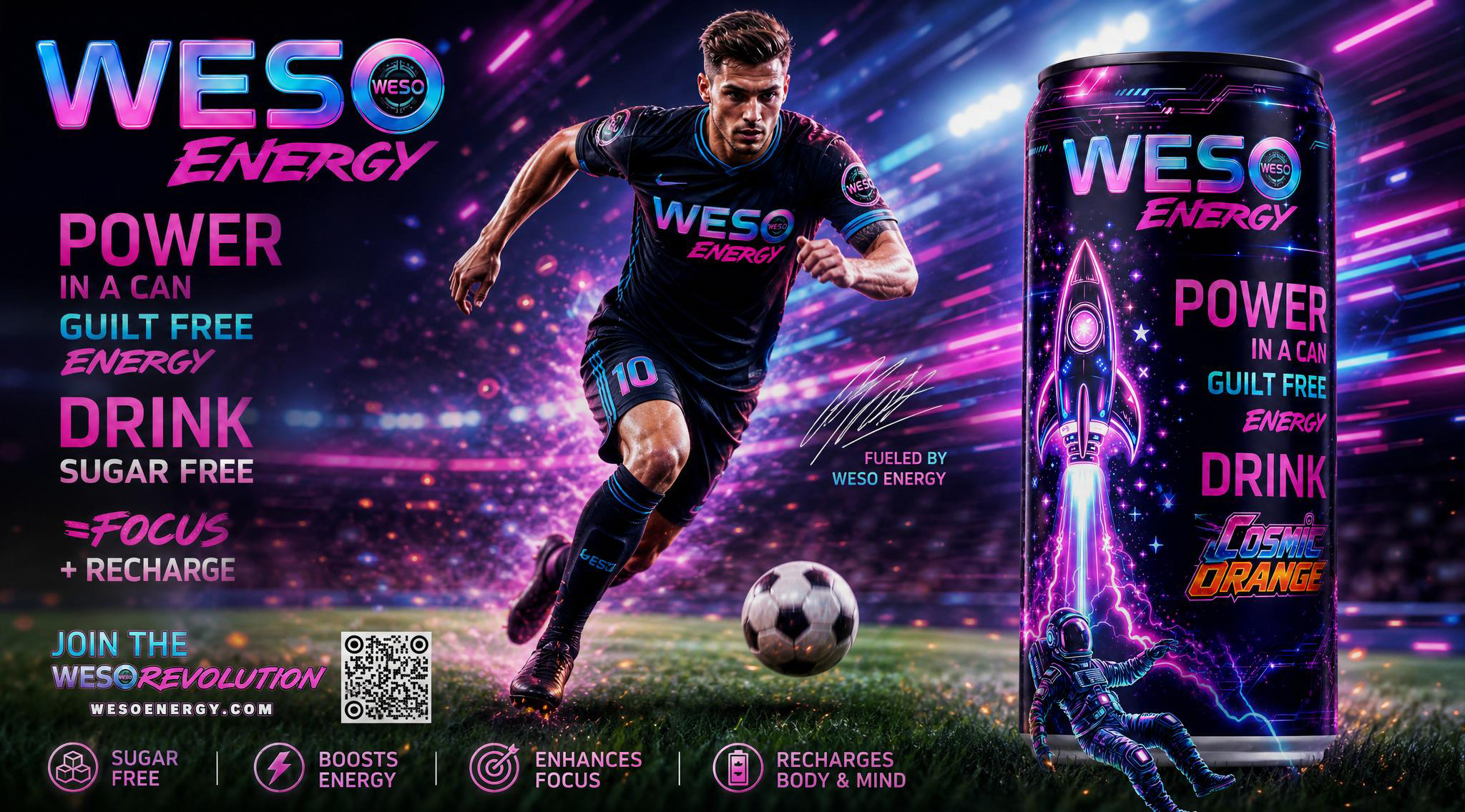 WESO Energy — number 10 soccer player in a WESO Energy jersey dribbling a ball across a neon-lit stadium pitch beside a giant WESO can, 'Power in a Can - Guilt Free Energy'