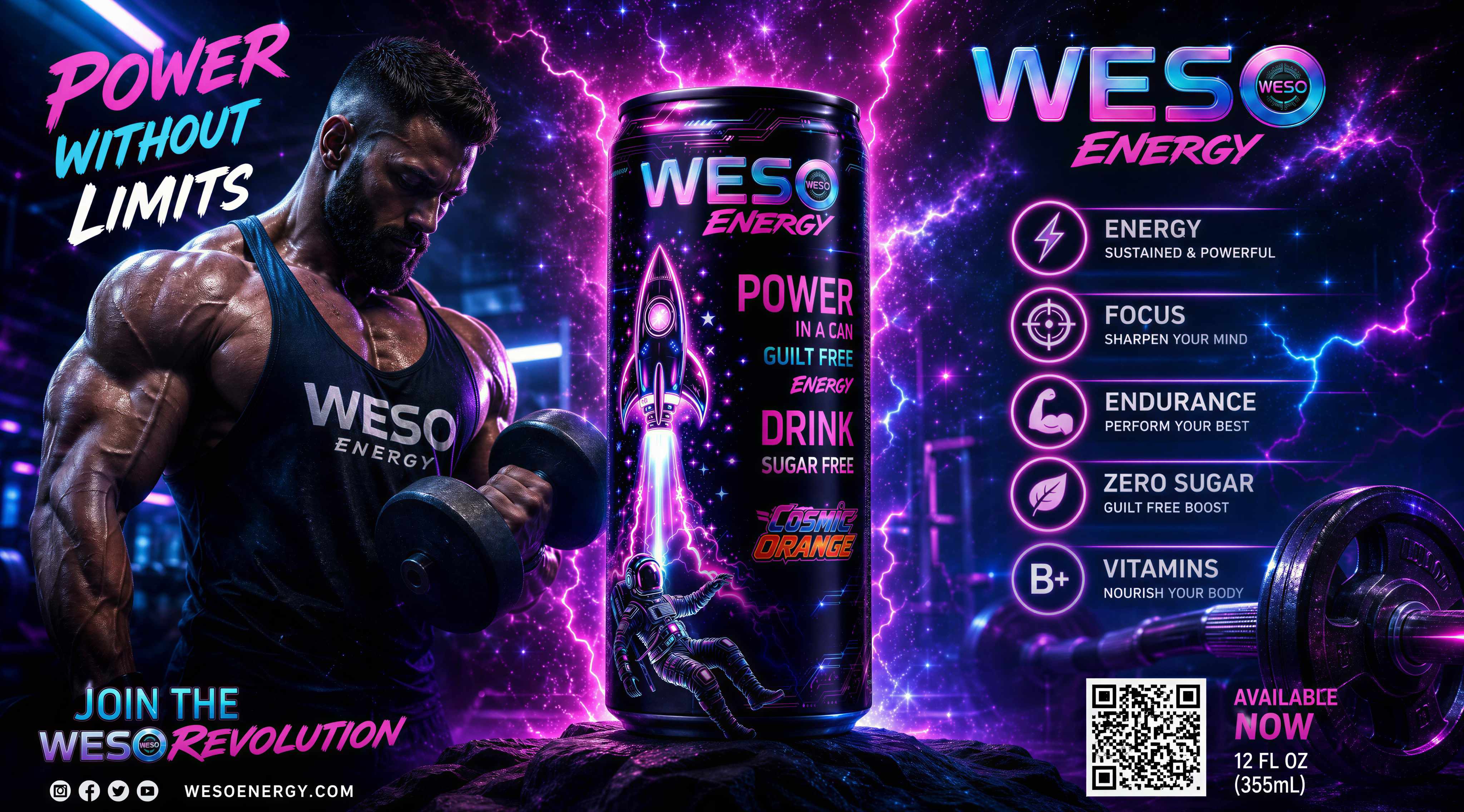WESO Energy — bodybuilder curling a heavy dumbbell beside a giant WESO can, 'Power Without Limits' with benefits list