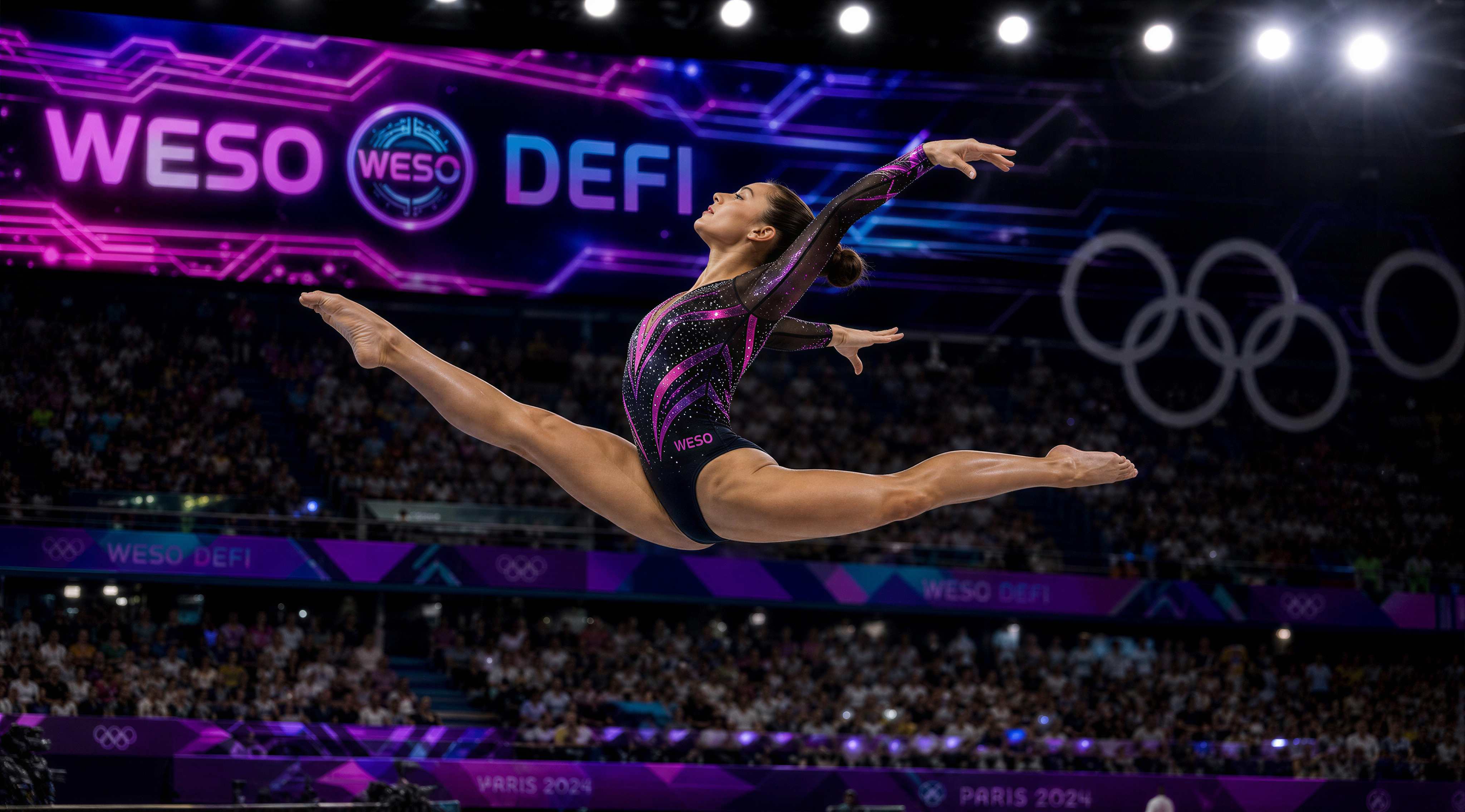 WESO DeFi — female gymnast in a WESO-branded leotard performing a mid-air split leap at the Paris 2024 Olympics with a WESO DeFi banner and Olympic rings