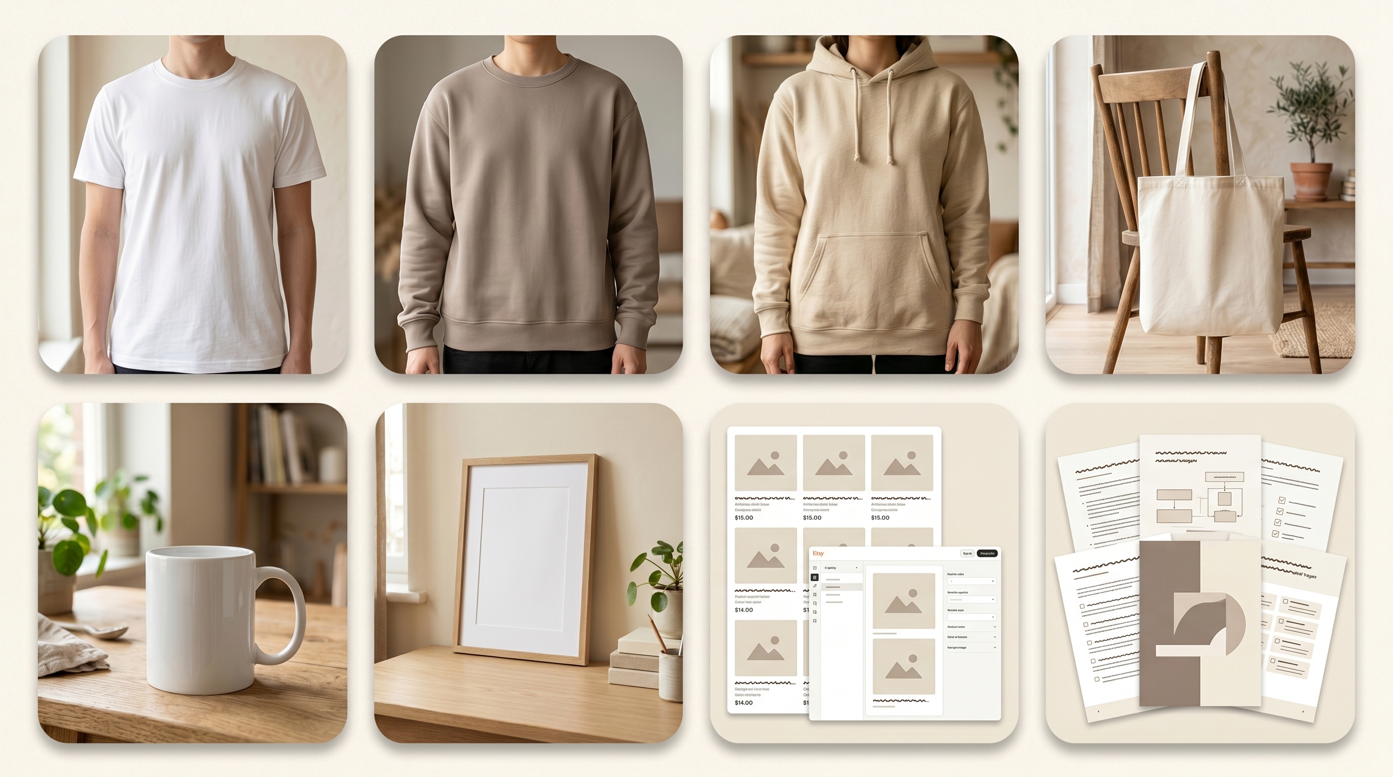 What's included in the POD Seller Visual System - mockups for t-shirts, sweatshirts, hoodies, tote bags, mugs, wall art, plus listing templates and guides