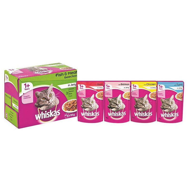 Whiskas Cat Food Pouch Bulk Multipack Fish & Meat 12x85g