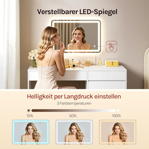 WOLTU Schminktisch und Schreibtisch 2-in-1 mit LED-Beleuchtung und 5 Schubladen, Weiß