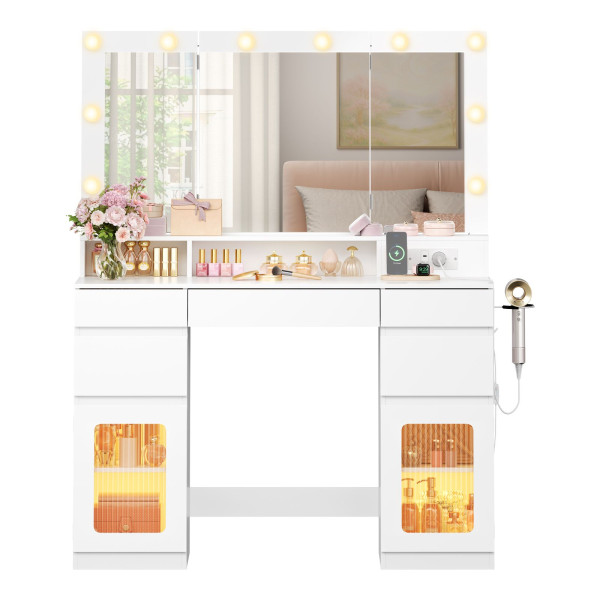 WOLTU Schminktisch mit Beleuchtung, dreiteiligem Klappspiegel und 10 LEDs