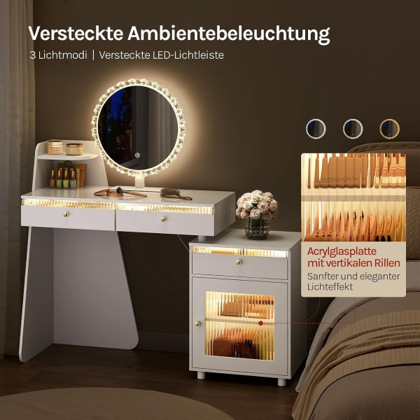 WOLTU Schminktisch mit Beleuchtung, rundem Schminkspiegel und 3 Lichtfarben, Weiß