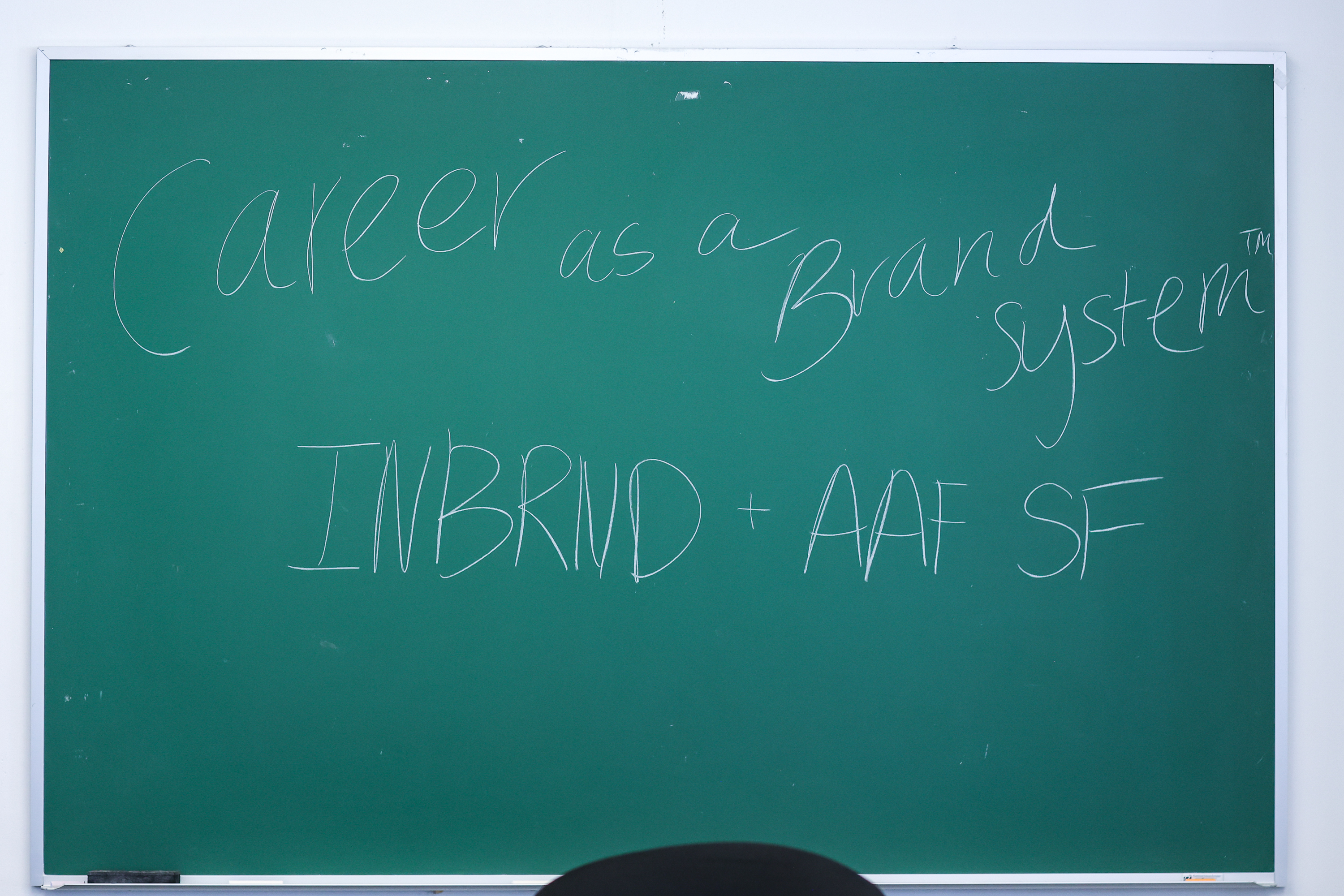 Green chalkboard reading Career as a Brand System, INBRND plus AAF SF