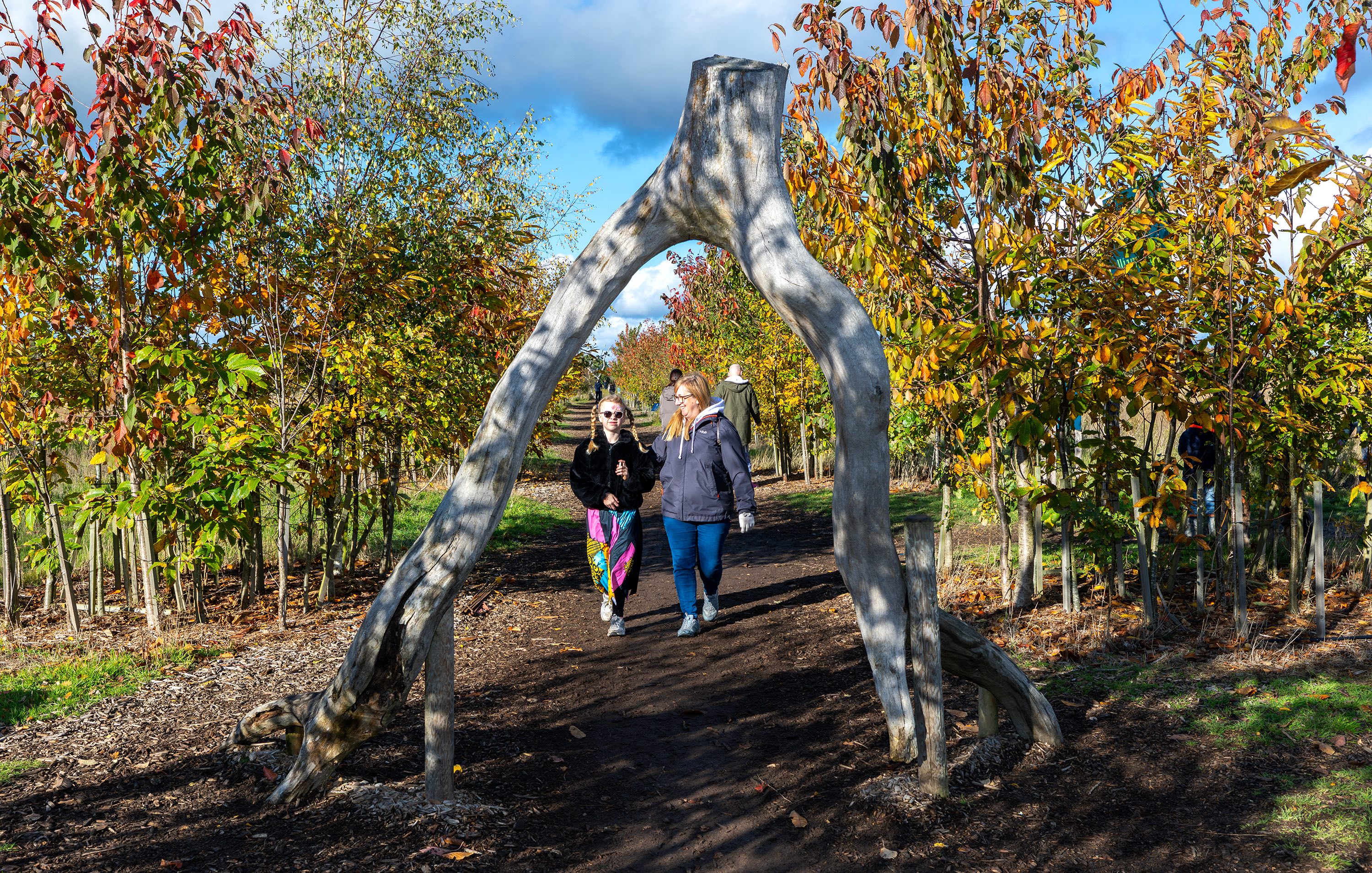 Mother and daughter walking through a twisted tree arch in the autumn woodland