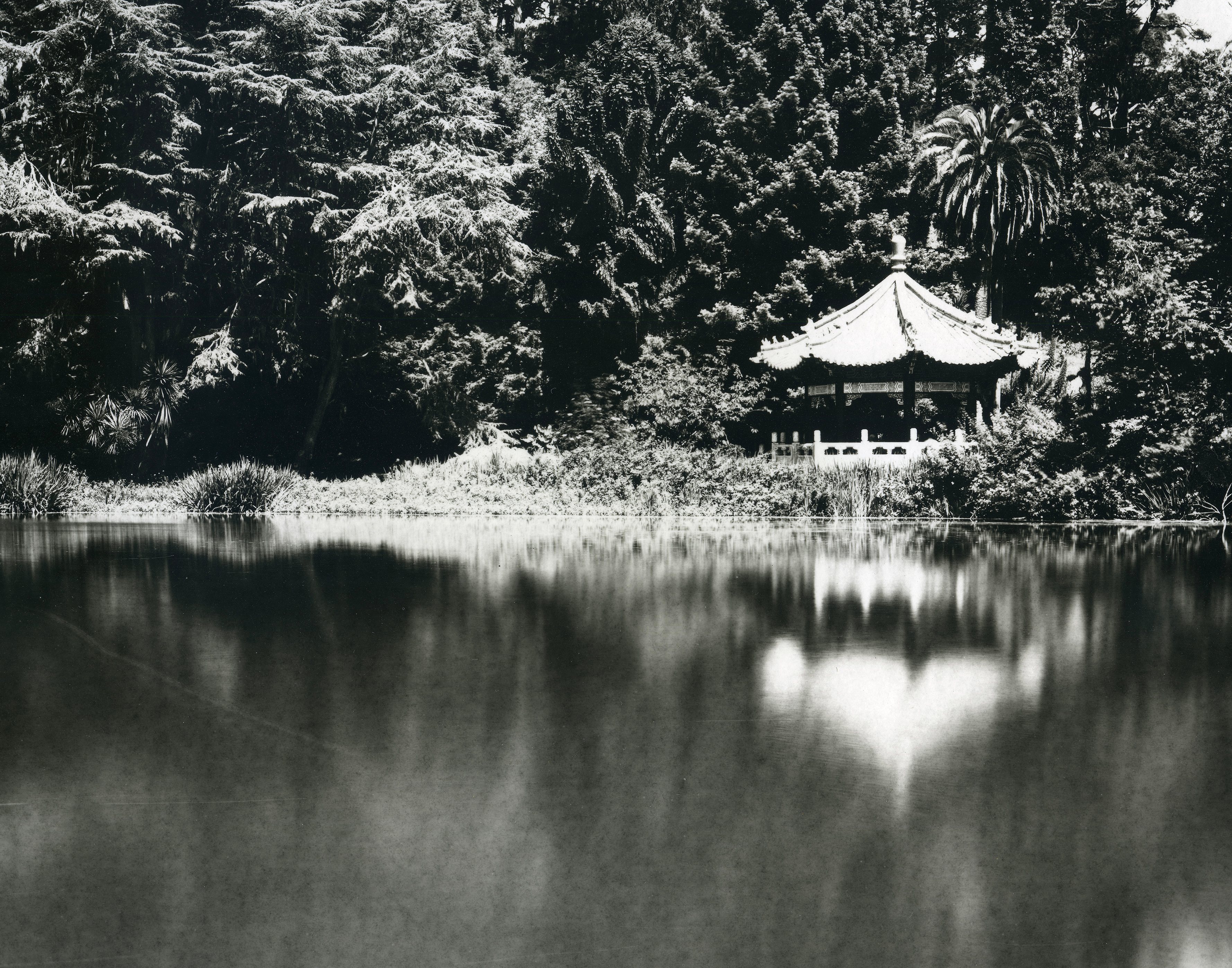 Asian pagoda with curved roof nestled among dense foliage along tranquil waterfront with mirror-like water reflections and high contrast tonal range