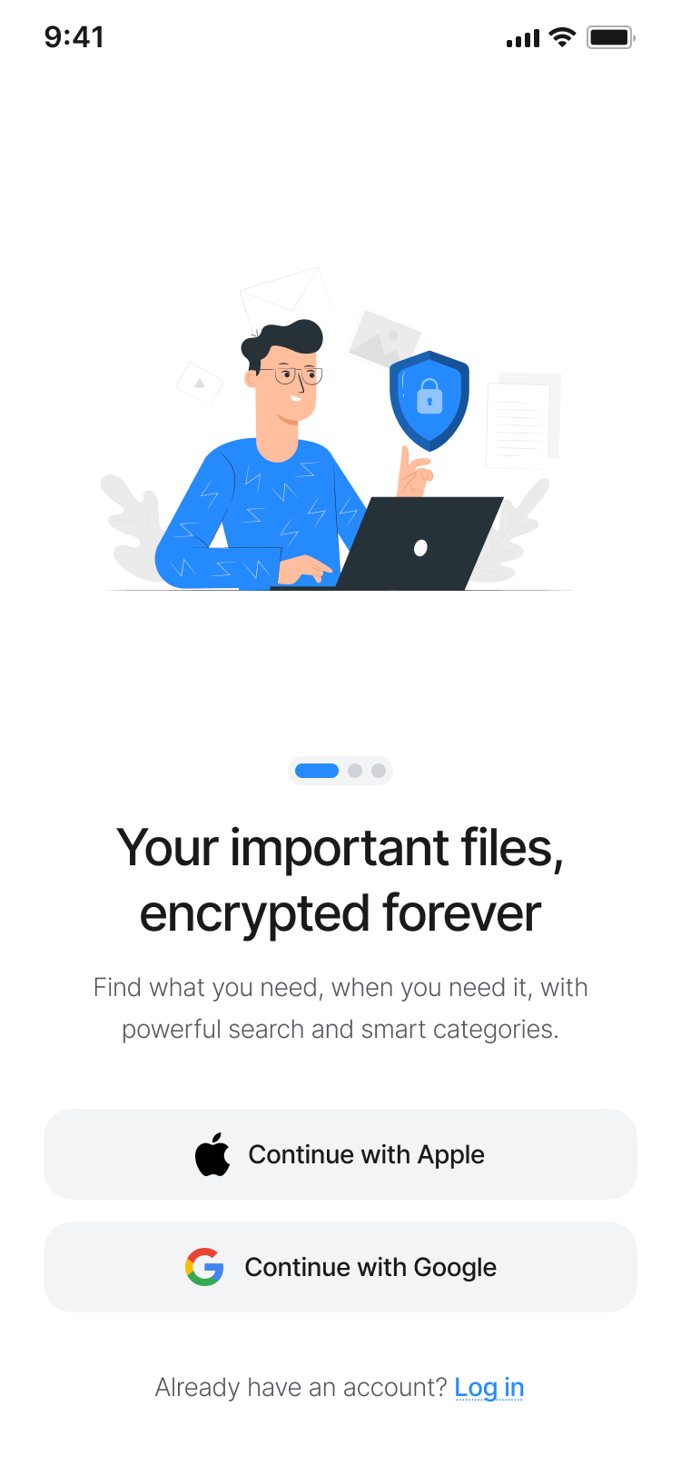 RacDoc app — encrypted document vault onboarding screen