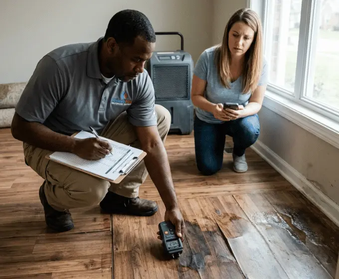 Water-damaged flooring being assessed for restoration cost