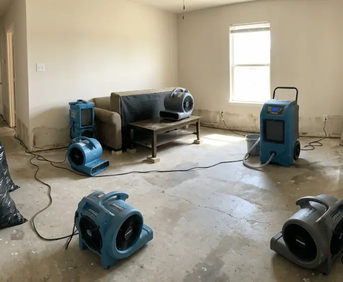 Air movers and dehumidifiers drying a flooded living room in a Garland home