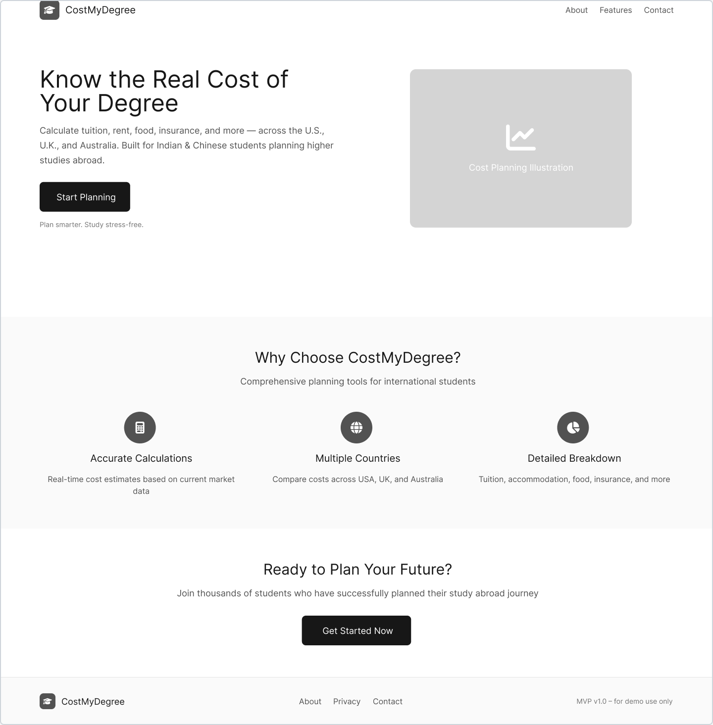 CostMyDegree landing page showing comprehensive cost planning for international students