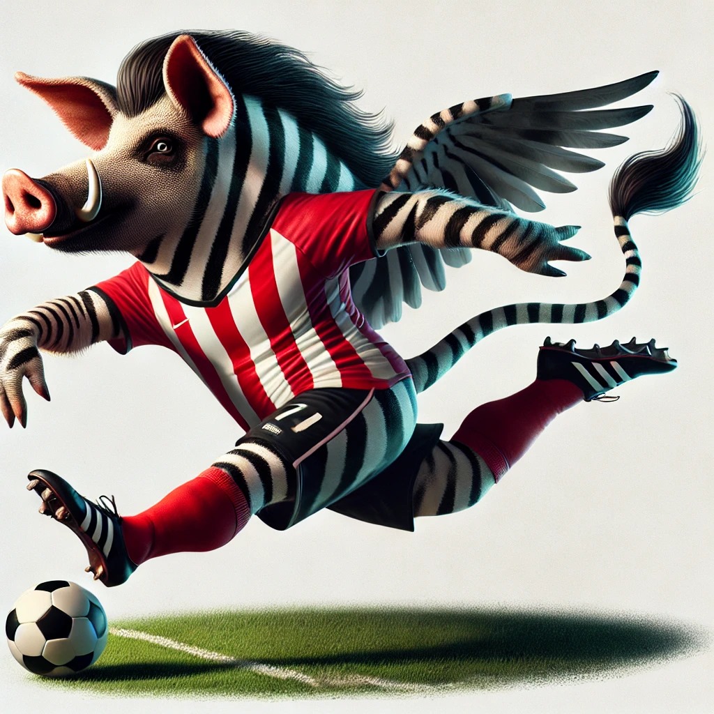 Upton BSC Mascot - A winged boar in red and white jersey kicking a soccer ball