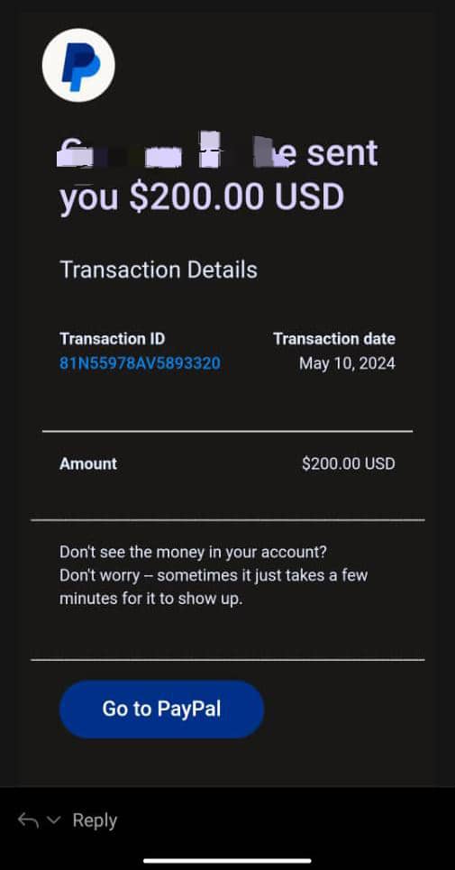 PayPal USD Receipt