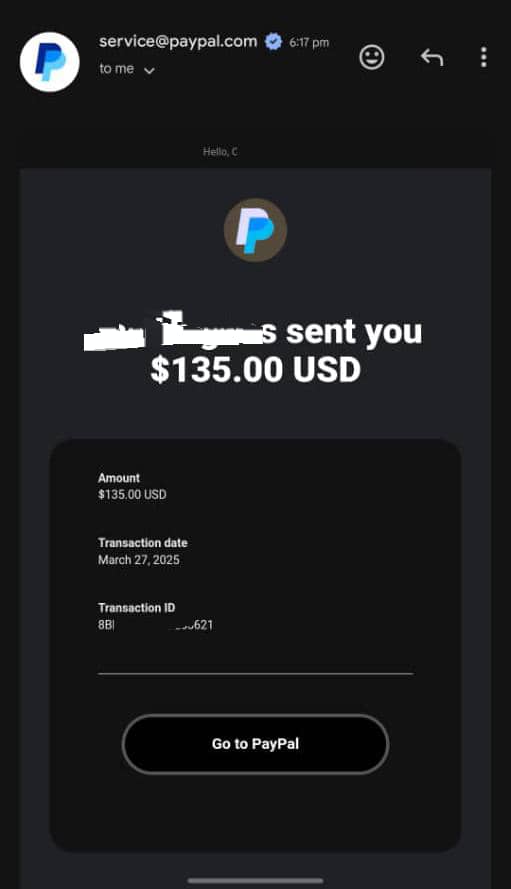 PayPal USD Receipt