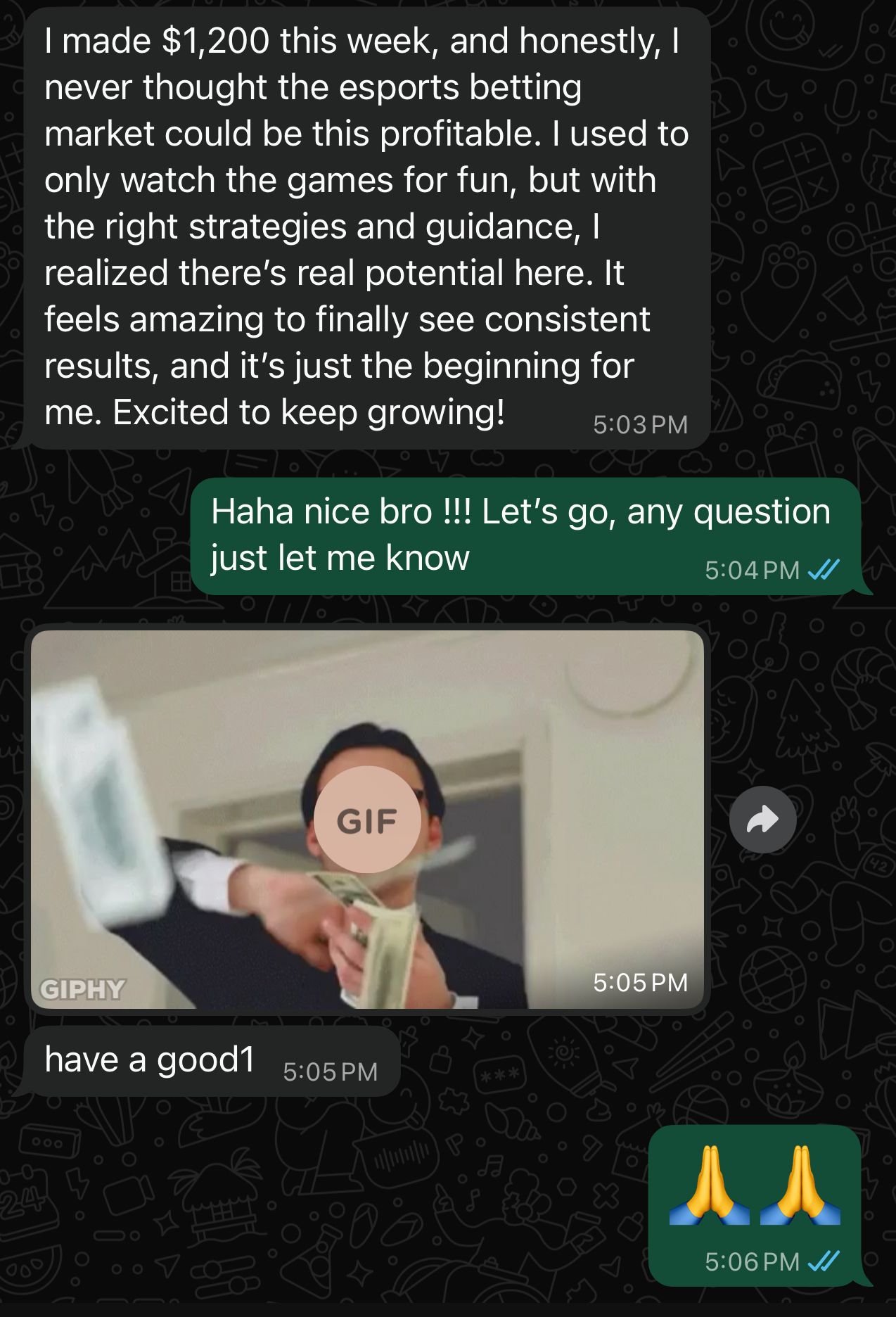 Member testimonial showing $1,200 weekly profit