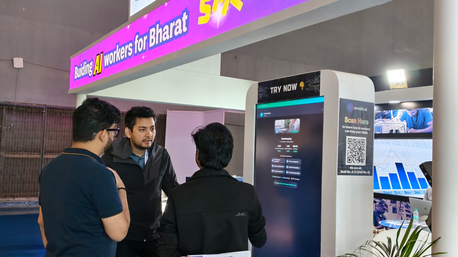 Team discussing AI solutions with visitors