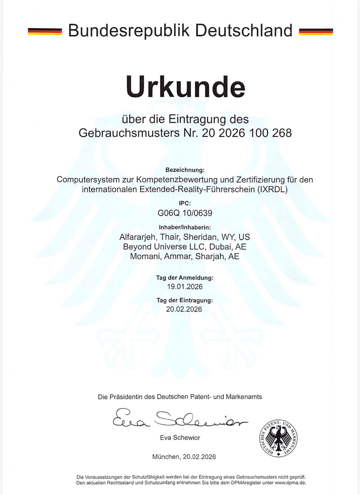 German Patent Certificate - German Version