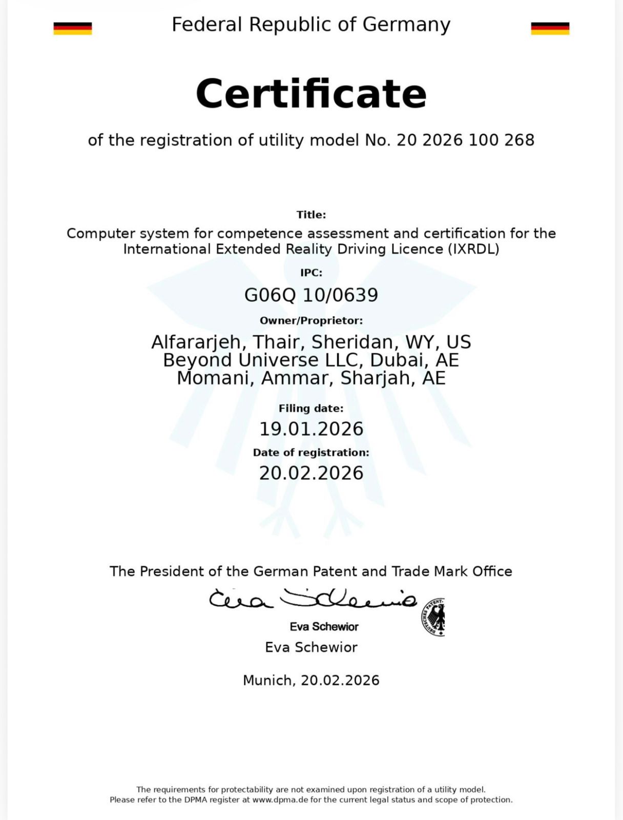 German Patent Certificate - English Version