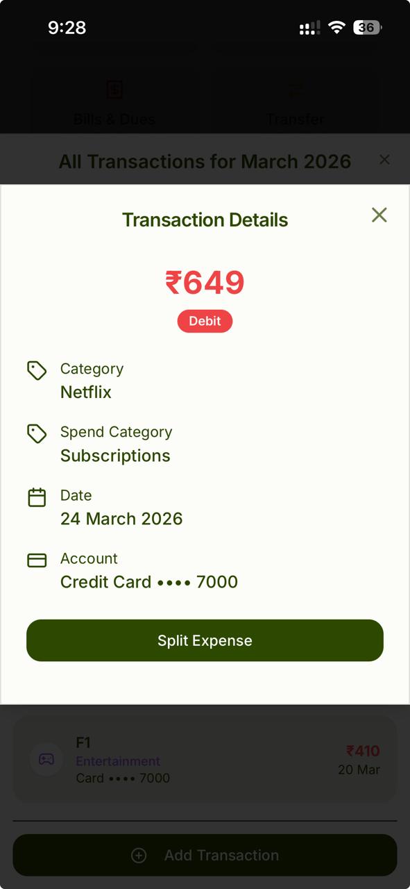 MoneyPal transaction details sheet with one-tap Split Expense button