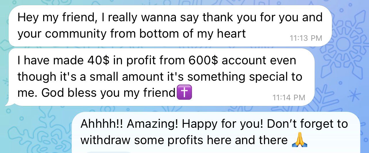 Community member thanking for $40 profit from $600 account