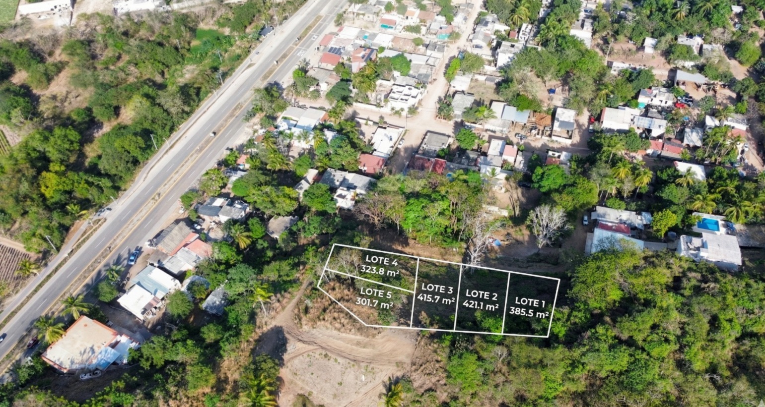 Vista aérea de los lotes con subdivisión marcada