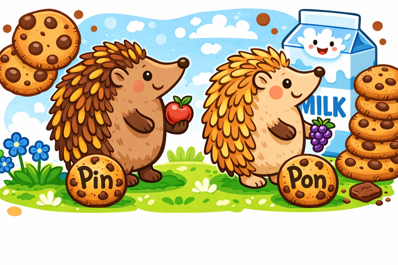 Pin and Pon next to cookies labeled with their names, an apple, grapes, and a smiling milk carton.
