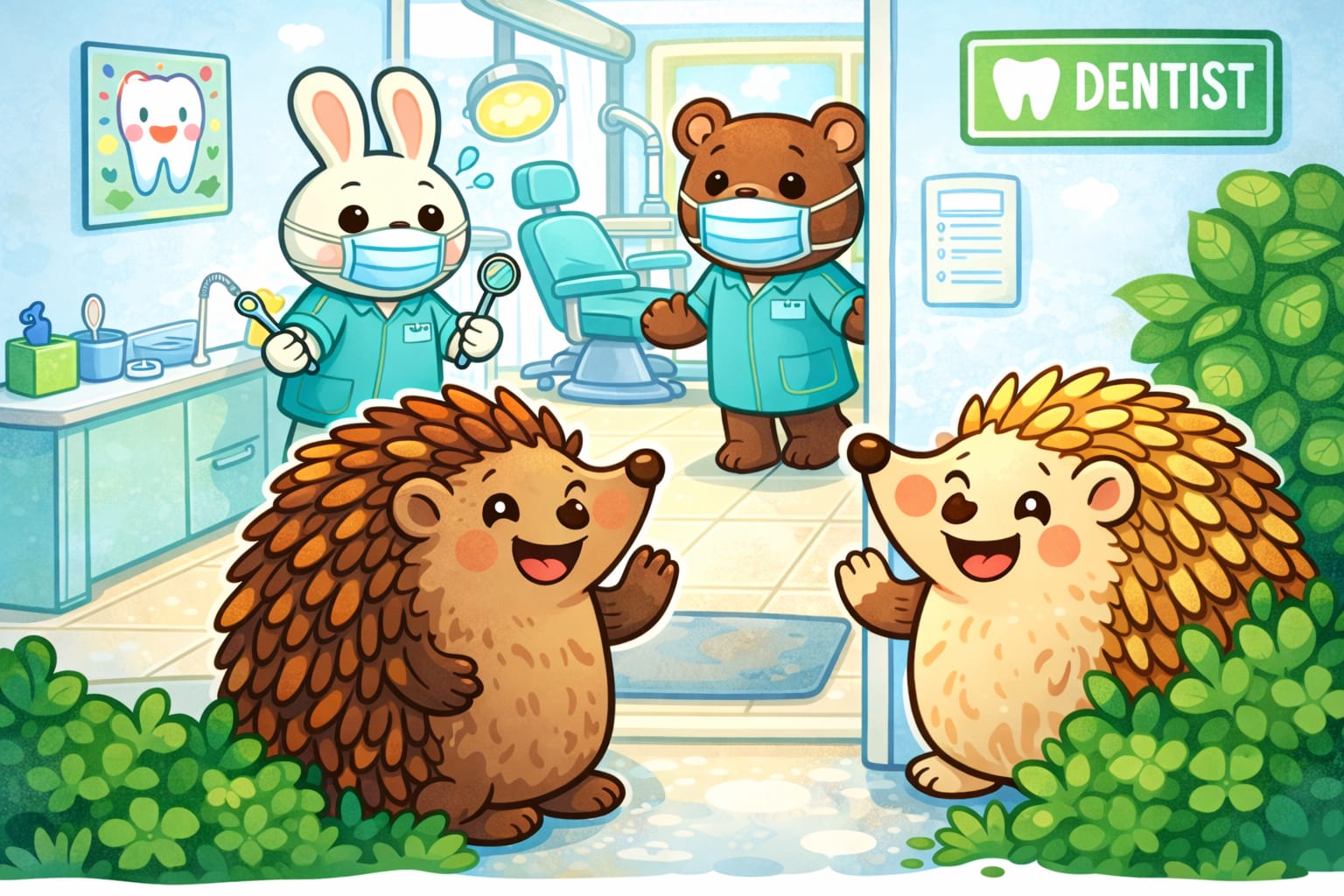 Pin and Pon at a friendly dentist office with a bunny and bear dentist.