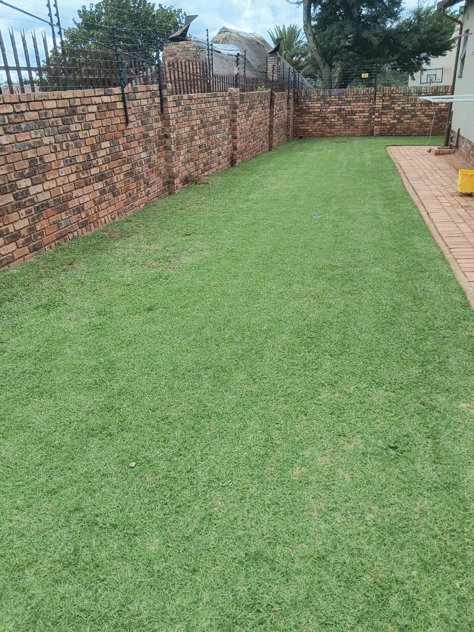Green lawn enclosed by brick walls