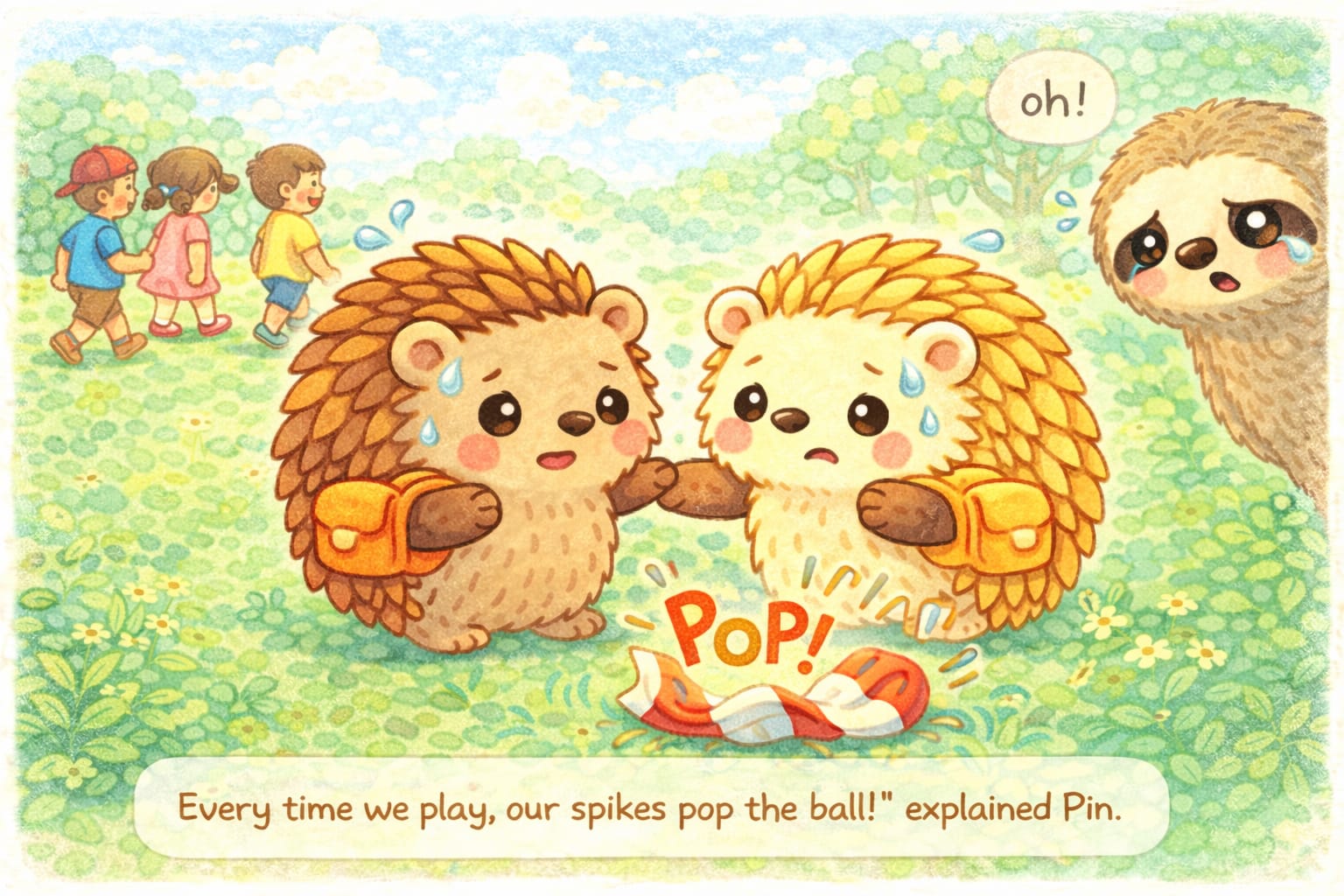 Pin and Pon with Bing the sloth and some children in a grassy field — a scene from the animated story.