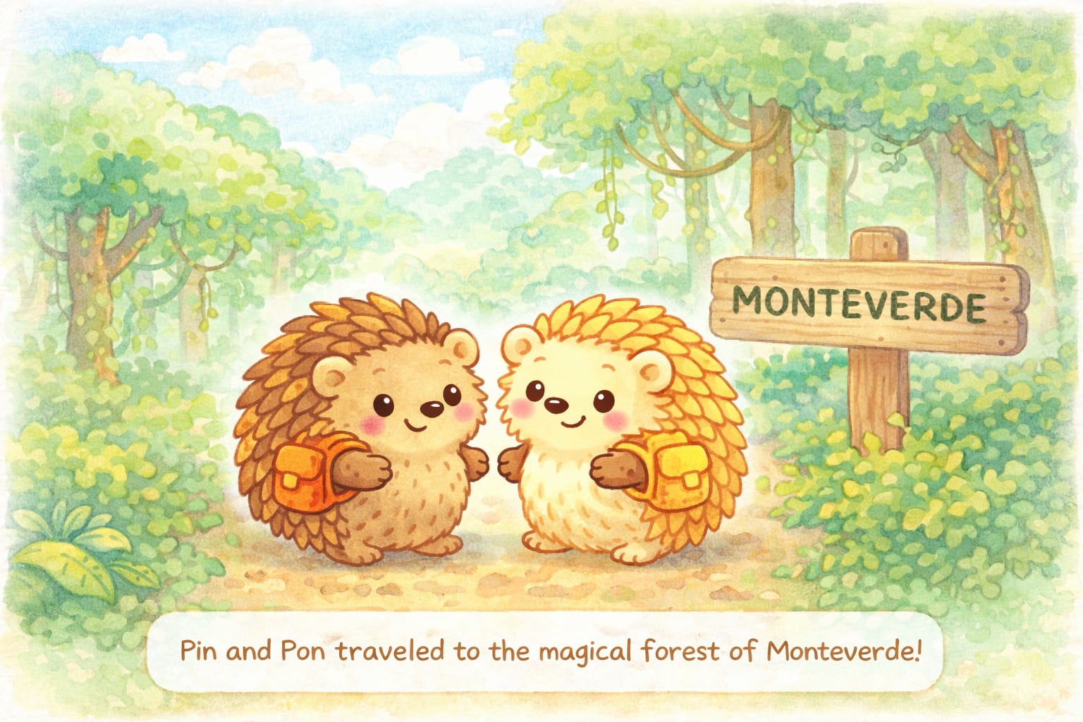 Pin and Pon the hedgehogs with their orange backpacks standing by a wooden sign reading MONTEVERDE in a lush green Costa Rican forest.