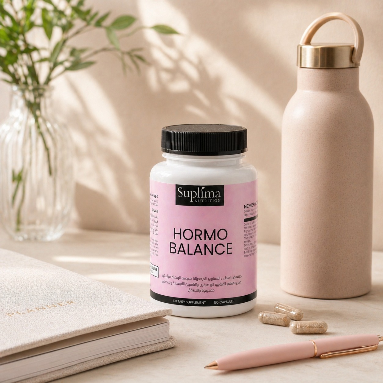 Suplima Hormo Balance sur un bureau avec carnet et gourde