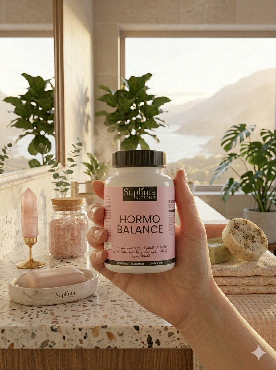 Suplima Hormo Balance tenu dans une salle de bain sereine avec vue montagne