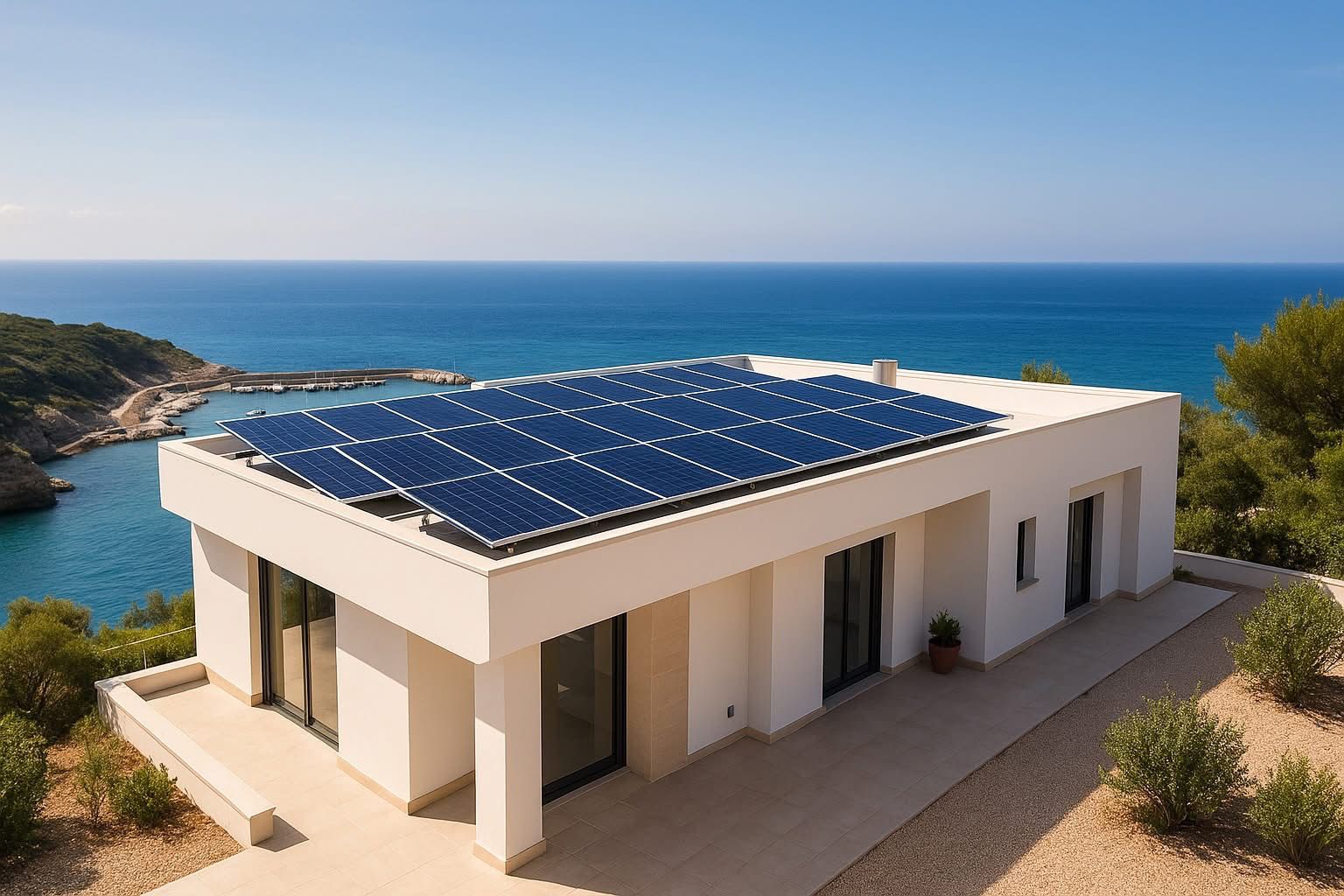 Villa moderna con pannelli solari sul tetto affacciata sul mare