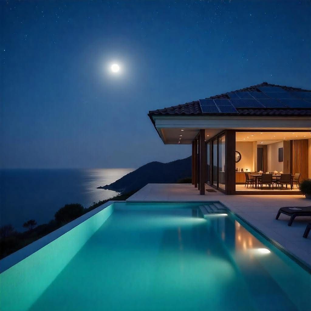 Villa moderna con piscina infinity di notte con pannelli solari sul tetto