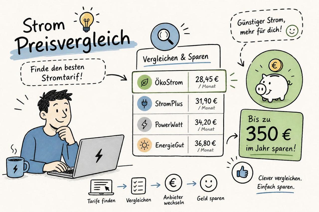 Strom Preisvergleich Infografik: Person am Laptop vergleicht Stromtarife verschiedener Anbieter wie ÖkoStrom, StromPlus, PowerWatt und EnergieGut. Zeigt Sparpotenzial von bis zu 350 Euro pro Jahr.