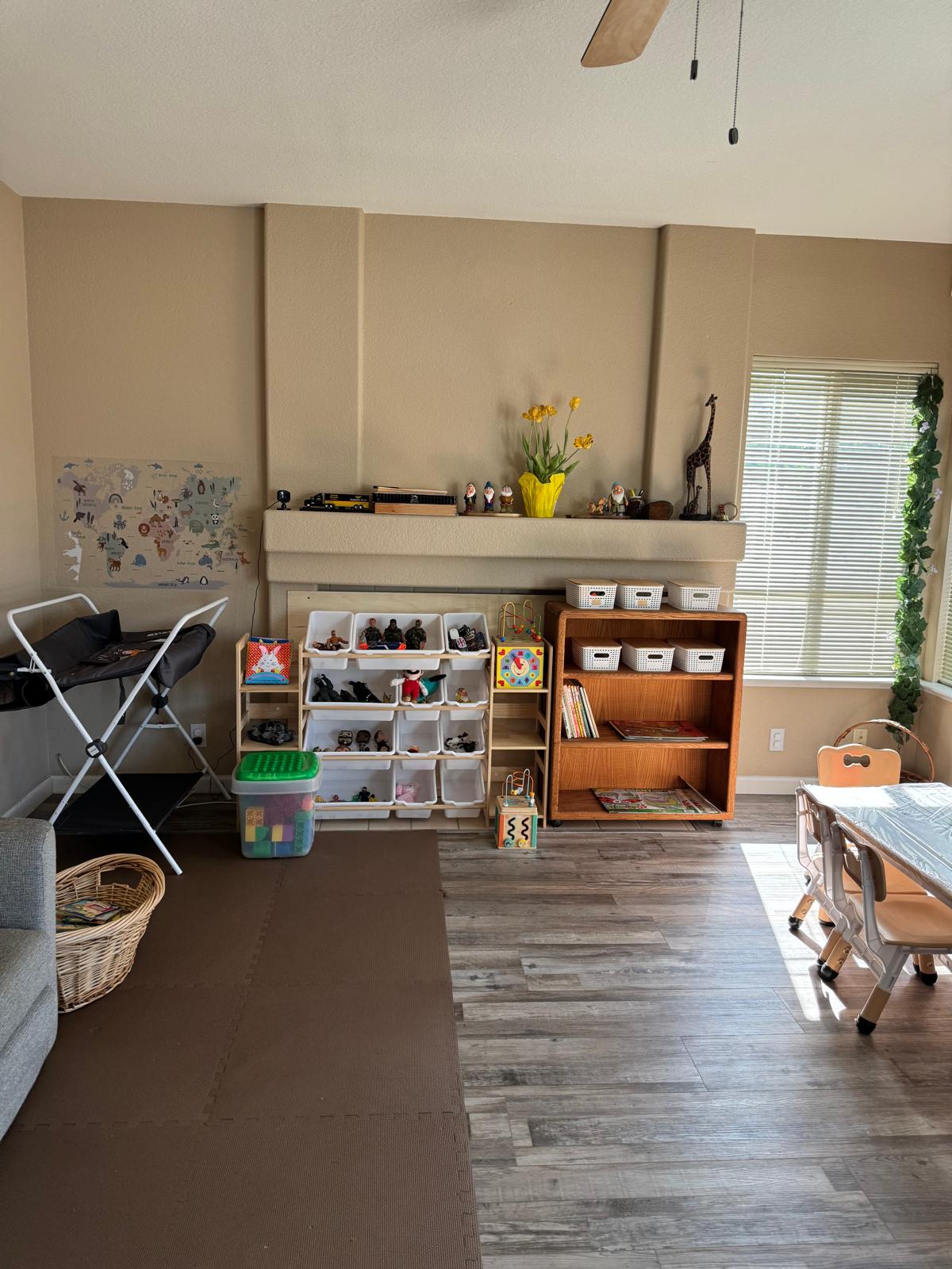 Cozy play room with a reading corner and natural toys