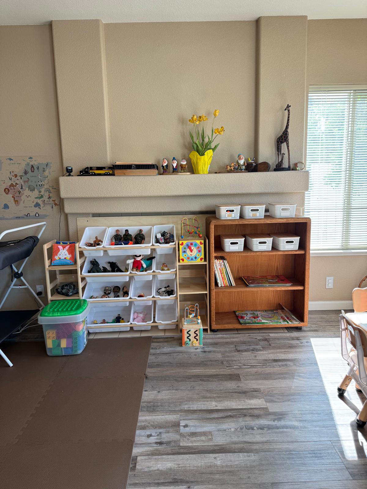 Organized toy storage with natural wood shelves
