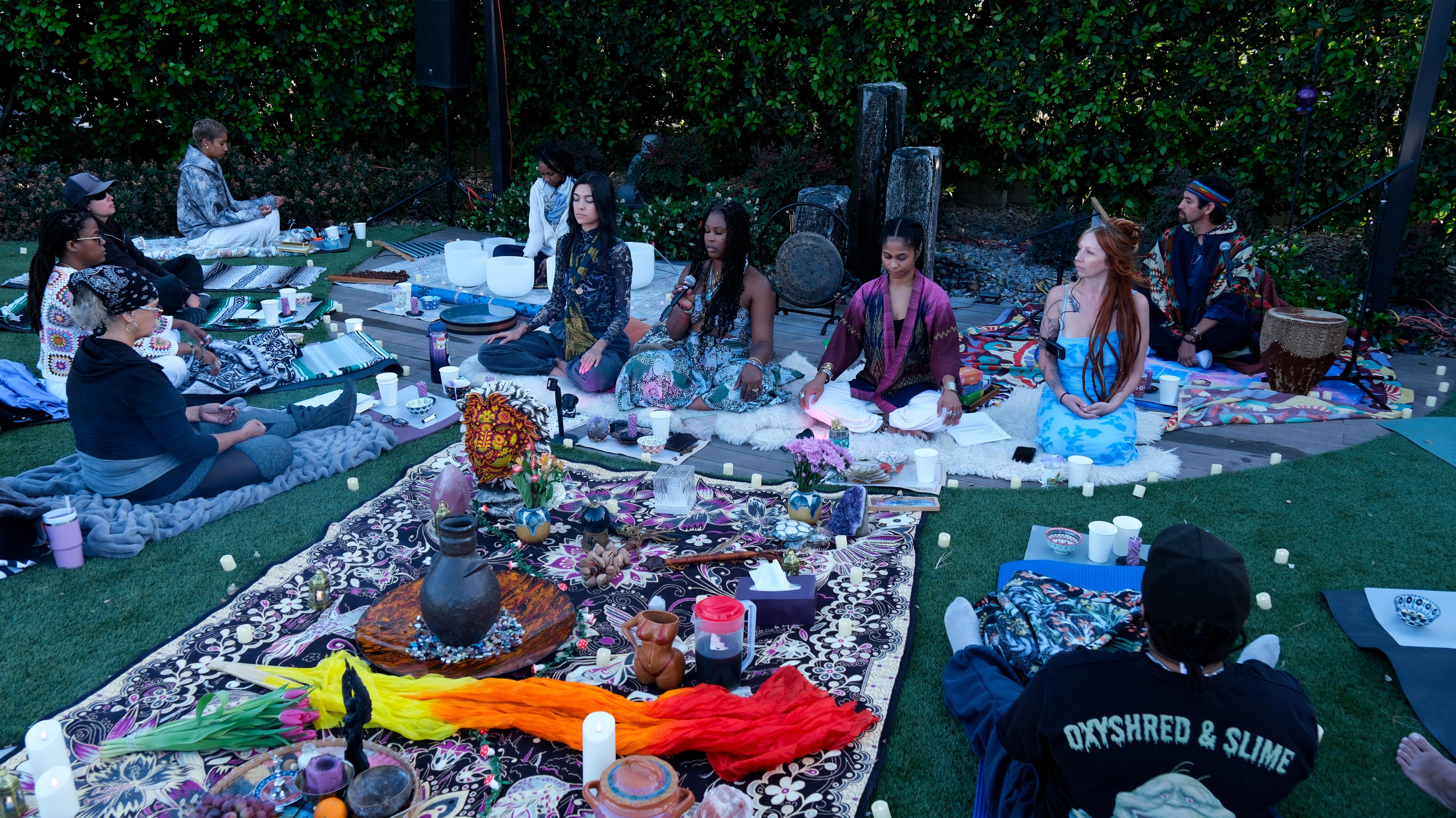 Full circle ceremony with sound bowls and sacred altar