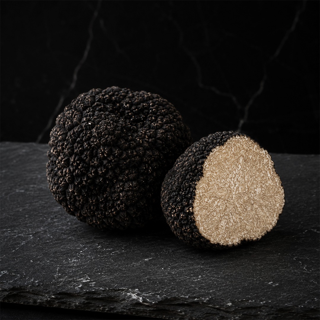Black truffle whole and halved showing creamy interior
