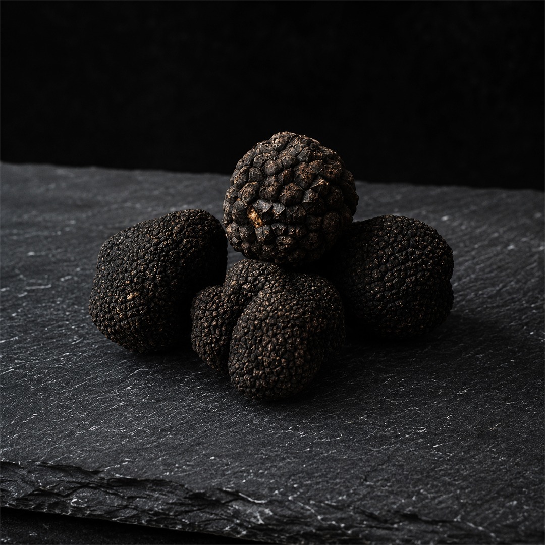 Five black truffles stacked on dark slate